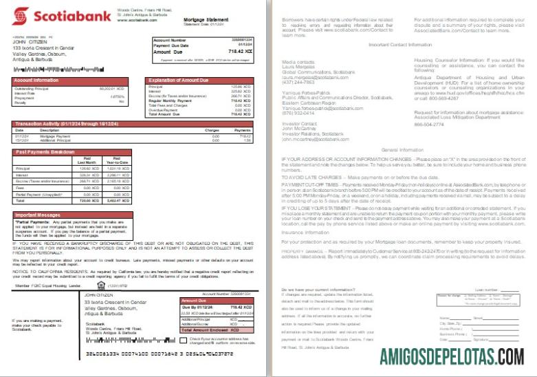 Extrato de hipoteca do Banco Scotiabank de Antígua e Barbuda, 2 páginas, 1 2 Scr exemplo